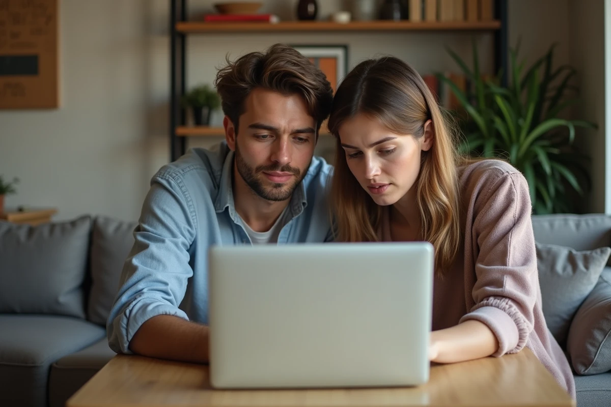 Couple consultant un simulateur de salaire net sur ordinateur dans leur appartement, illustrant le calcul du salaire net à partir de 2700 euros brut en France
