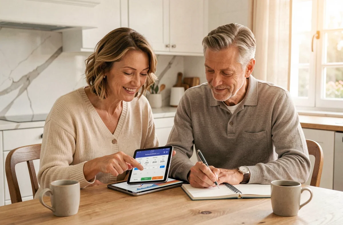 Couple calculant les intérêts de leur livret A sur tablette dans leur cuisine