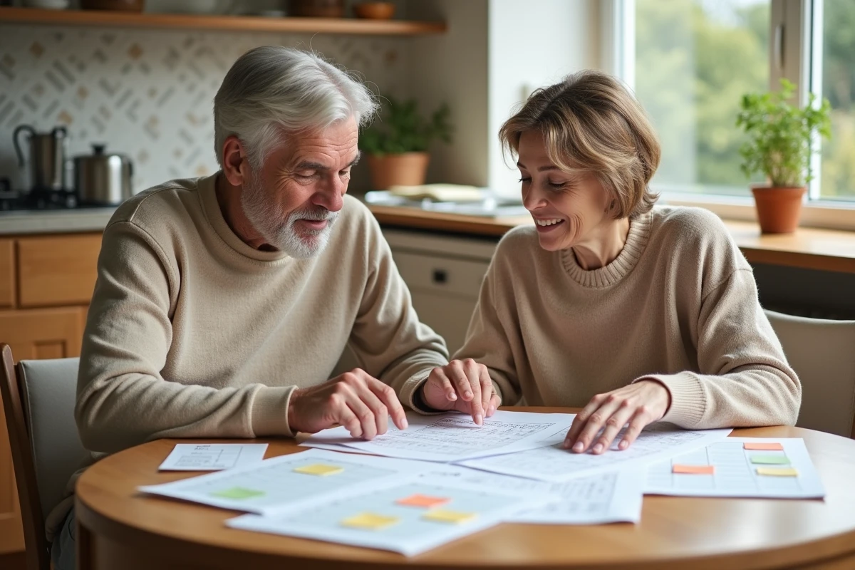 Couple examinant ensemble un calendrier invalidité 2026 en PDF pour organiser leur budget familial