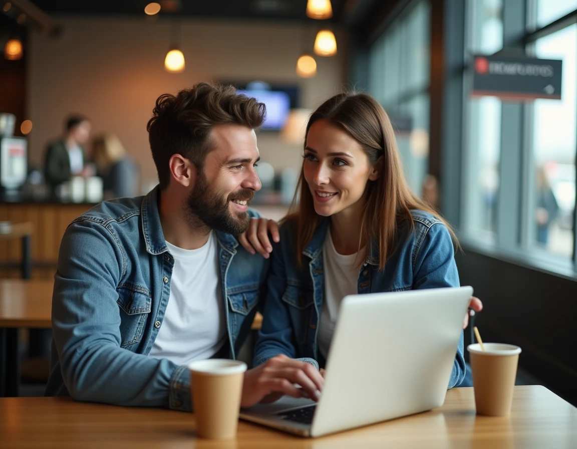 Couple comparant des offres d'assurance voyage sur un ordinateur portable dans un café d'aéroport