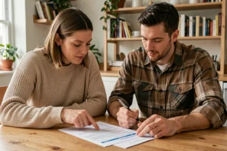 Couple comparant les garanties et le prix d'une mutuelle familiale autour d'une table en bois