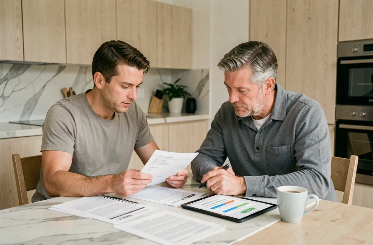 Couple gérant un compte joint et centralisant leurs finances sur une tablette dans leur cuisine