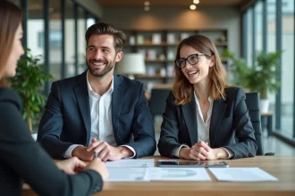 Jeune couple en conseil immobilier dans une banque moderne