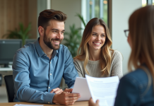 Jeune couple souriant avec conseiller banque pour prêt auto