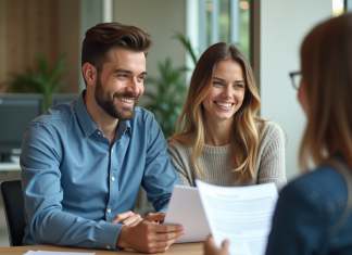 Meilleure banque pour prêt auto : comparez et choisissez la plus avantageuse ! Jeune couple souriant avec conseiller banque pour prêt auto