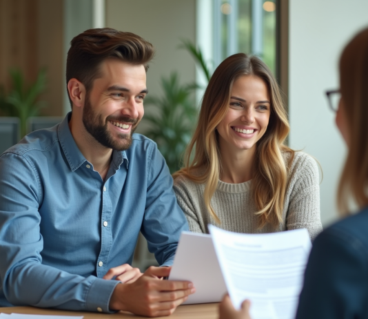 Meilleure banque pour prêt auto : comparez et choisissez la plus avantageuse ! Jeune couple souriant avec conseiller banque pour prêt auto