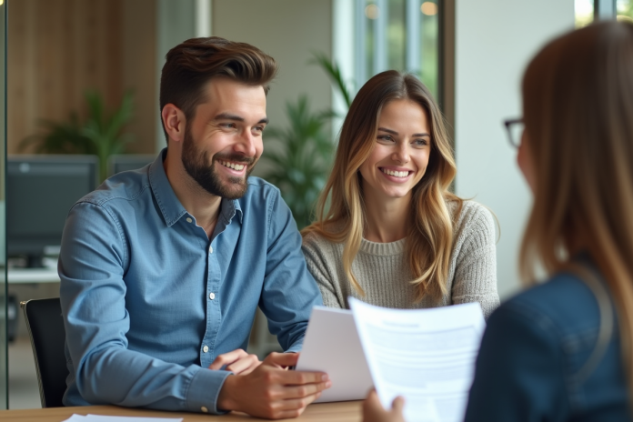 Jeune couple souriant avec conseiller banque pour prêt auto