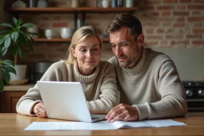 Couple examinant des documents de crédit immobilier sur un ordinateur portable dans une cuisine moderne