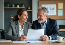 Couple d'adultes discutant de documents de retraite au bureau
