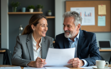 Couple d'adultes discutant de documents de retraite au bureau