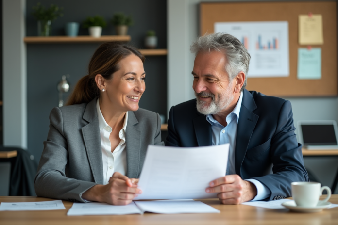 Couple d'adultes discutant de documents de retraite au bureau