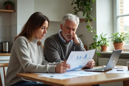 Couple français à la maison analysant leurs finances