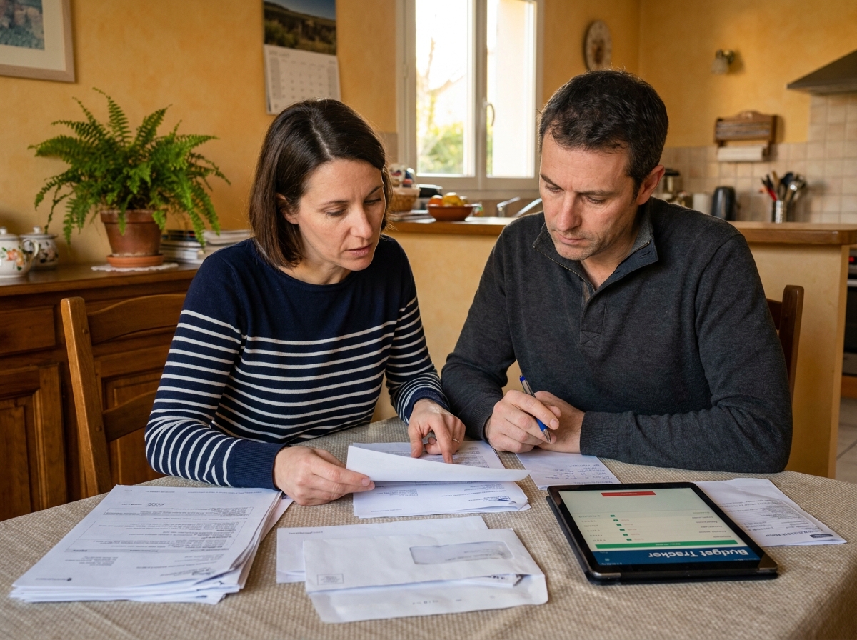 Couple d'agents publics examinant leurs crédits et dettes ensemble à la maison pour mieux gérer leur budget