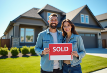 Couple souriant devant maison canadienne avec panneau vendu