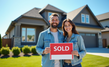 Acheter une maison au Canada : qui a le droit ? Explications et critères à connaître Couple souriant devant maison canadienne avec panneau vendu