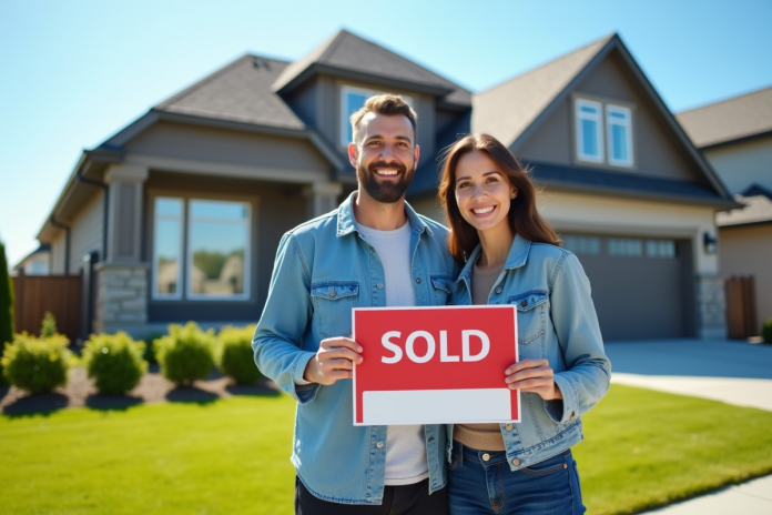 Couple souriant devant maison canadienne avec panneau vendu