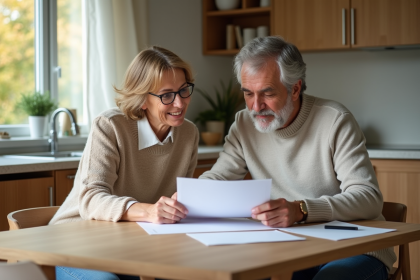 Couple français lisant des papiers dans une cuisine lumineuse