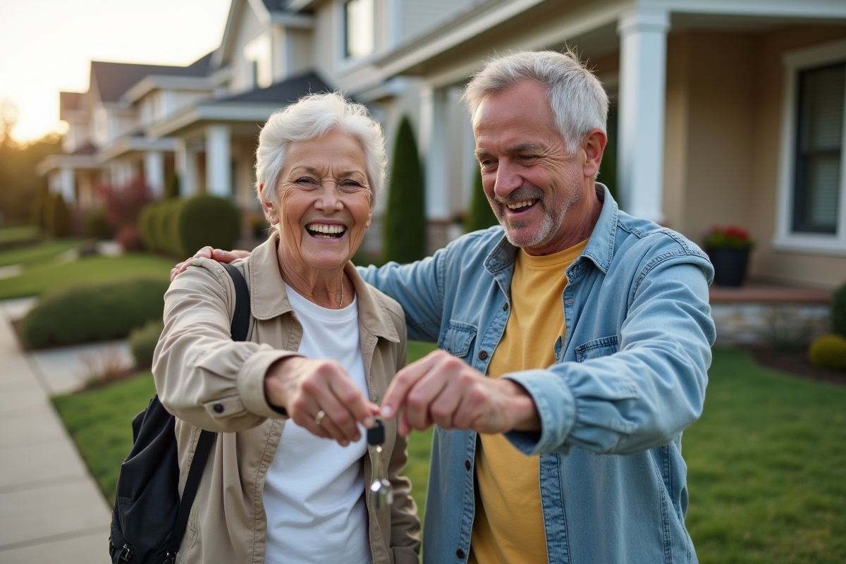 Couple heureux devant une maison avec panneau a vendre et clés en main