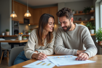 Couple dans leur appartement regardant des plans de maison
