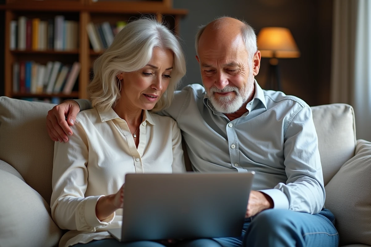 Couple examinant ensemble un message d'erreur de plafond de virement instantané sur un ordinateur portable, illustrant les limites de virement à La Banque Postale