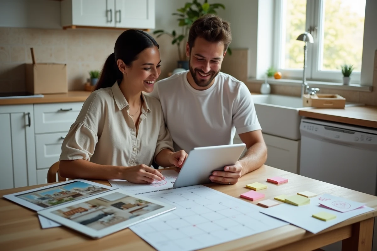 Couple planifiant leurs achats IKEA sur plusieurs mois avec calendrier et catalogues après un déménagement