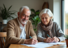 Couple retraité regardant des papiers à la maison