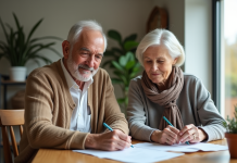 Couple retraité regardant des papiers à la maison