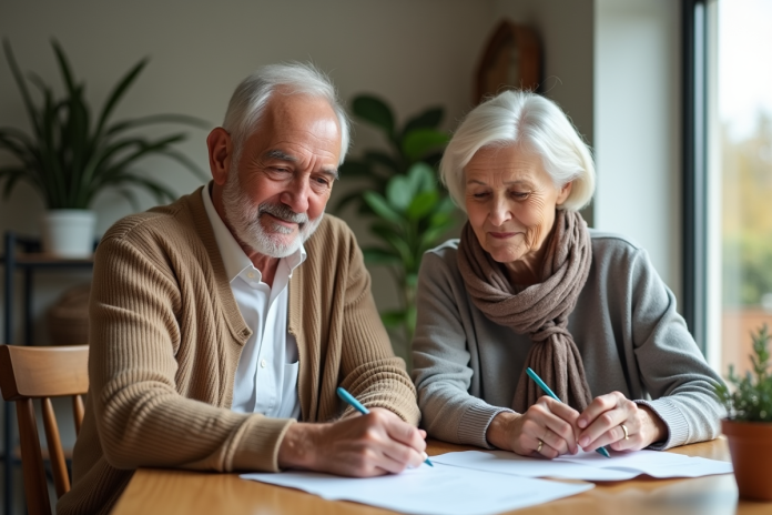 Couple retraité regardant des papiers à la maison