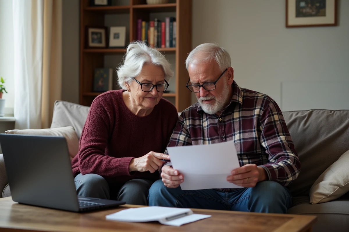 Couple de retraités consultant ensemble des informations sur la conversion pension invalidité en retraite