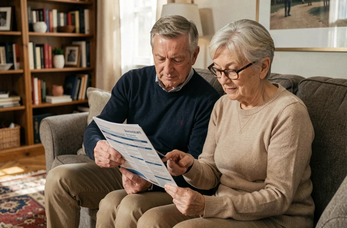Couple de seniors examinant ensemble une brochure de mutuelle santé dans leur salon, illustrant le choix d'une couverture santé pour les retraités