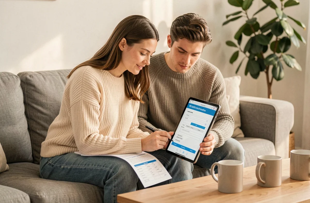 Couple comparant des offres de mutuelle santé sur une tablette depuis leur salon