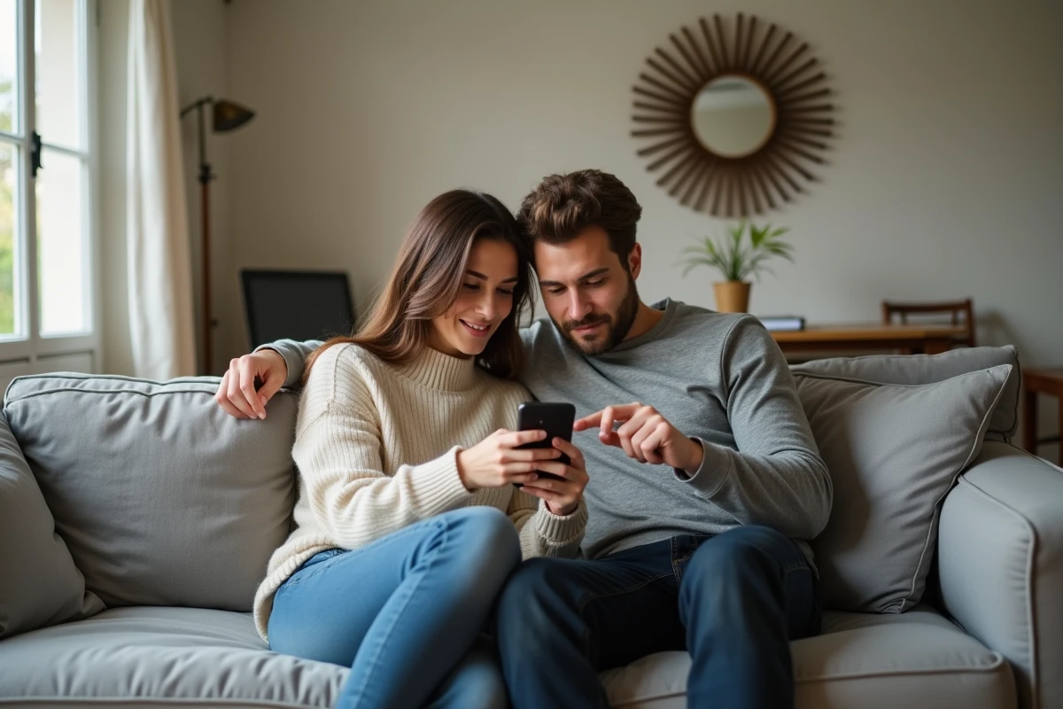 Couple vérifiant les détails de leur assurance habitation sur smartphone dans leur salon, espace client Merci Victor