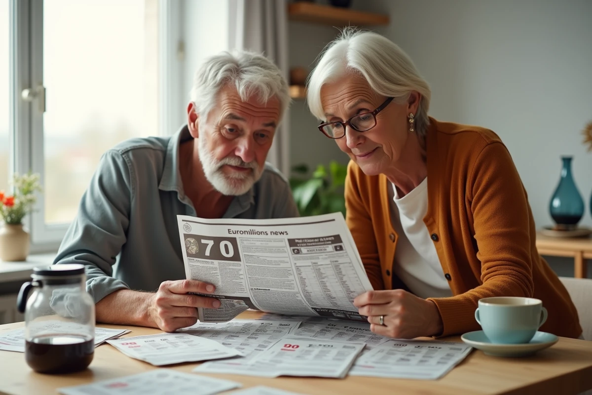 Couple vérifiant leurs tickets Euromillions avec les résultats du dernier tirage dans le journal