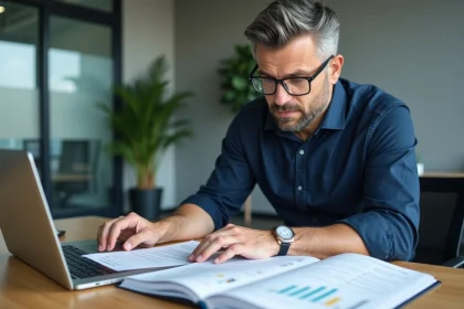 Courtier en assurance analysant un manuel de tarification commerciale et des devis sur son bureau en open space