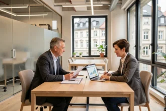 Courtiers en crédit immobilier dans le Grand Est discutant de dossiers dans un bureau moderne