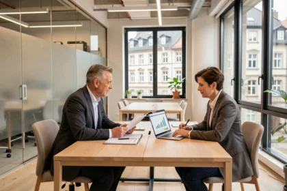 Courtiers en crédit immobilier dans le Grand Est discutant de dossiers dans un bureau moderne