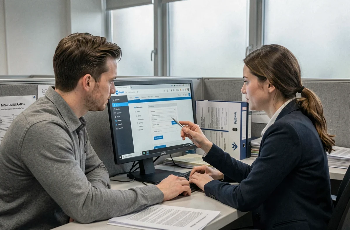 Deux agents municipaux consultant ensemble les étapes de création d'un accès CDC Net Banque des Territoires