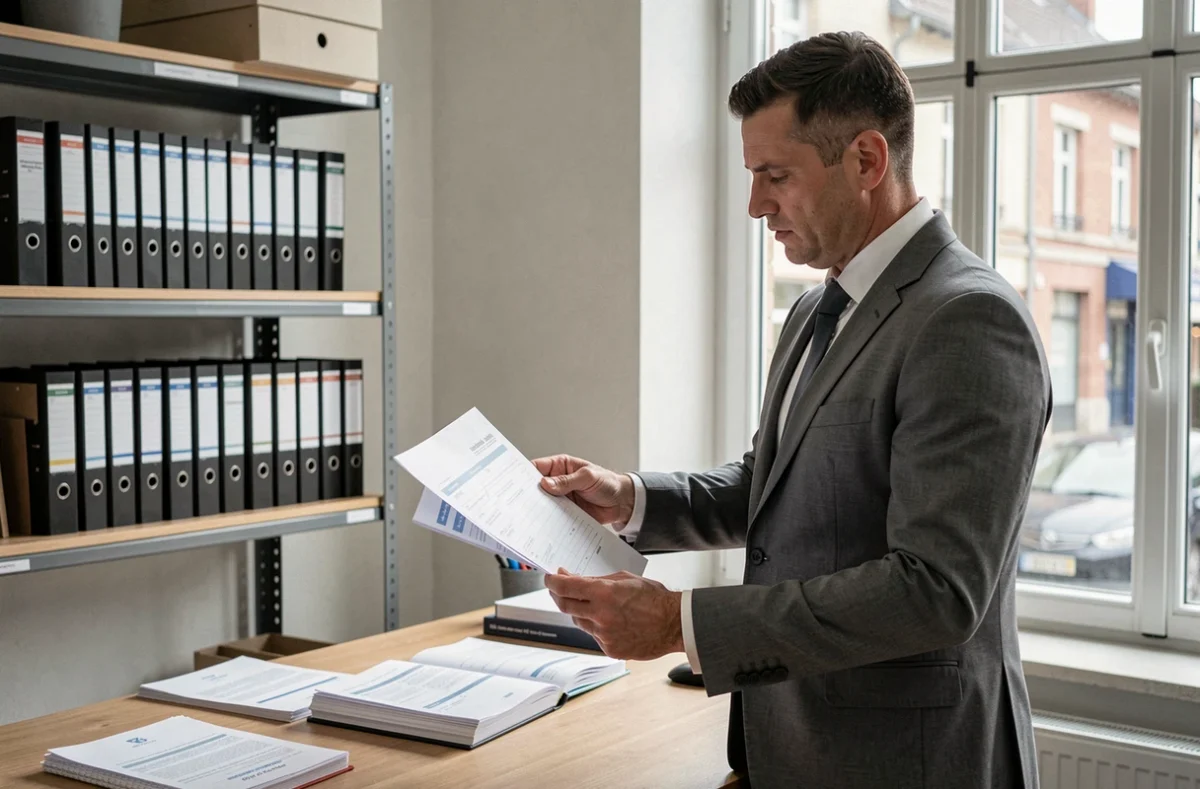 Conseiller de Crédit Expert Thionville debout à son bureau en train d'analyser un dossier de crédit immobilier
