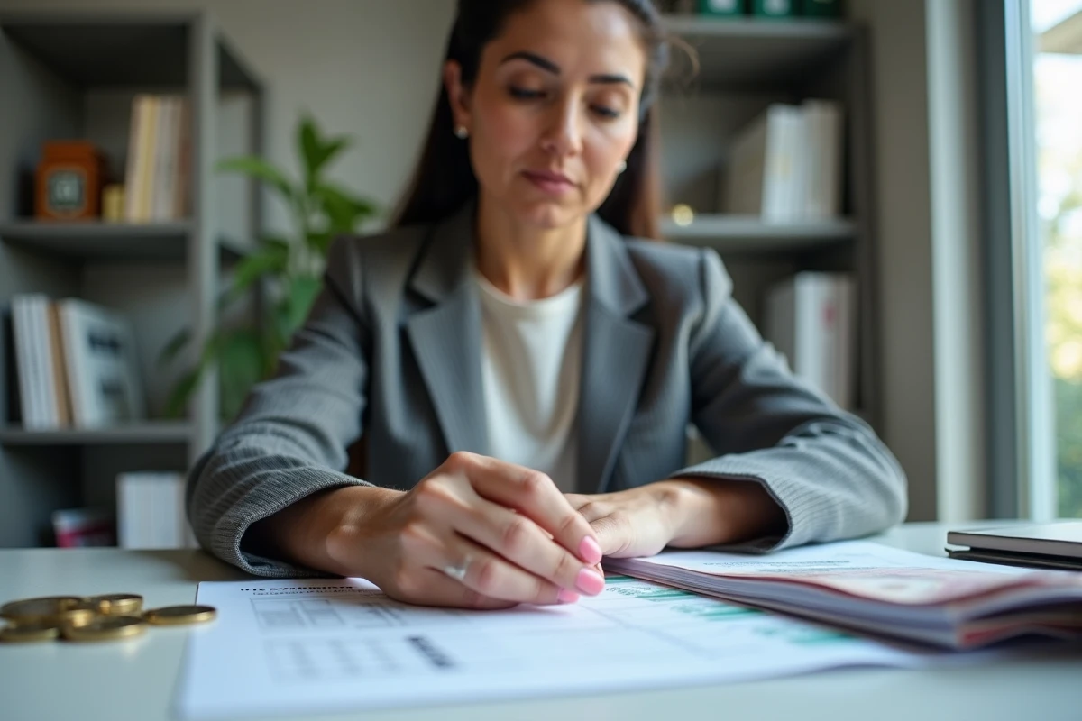 Femme consultant des documents fiscaux avec des billets et pièces d'euros sur un bureau, illustrant les règles de déclaration des dons d'argent au fisc