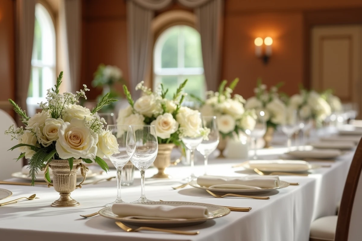 Décoration de table de mariage raffinée avec fleurs blanches, porcelaine et verrerie en cristal dans une salle de réception élégante