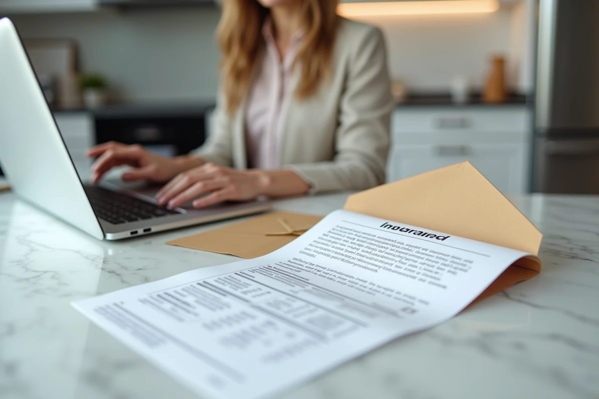 Mains tapant sur un ordinateur portable avec des documents d'assurance posés sur un plan de travail en marbre pour effectuer une résiliation