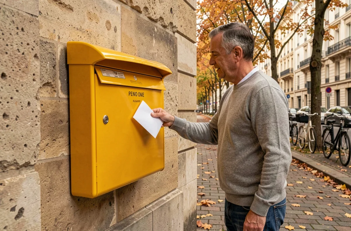 Homme déposant une enveloppe dans une boîte aux lettres jaune pour envoyer un courrier à la Mutuelle Générale
