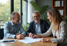 Couple en réunion avec conseiller bancaire pour un contrat de prêt immobilier