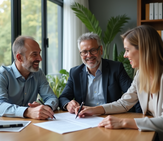 Couple en réunion avec conseiller bancaire pour un contrat de prêt immobilier