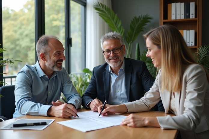 Couple en réunion avec conseiller bancaire pour un contrat de prêt immobilier