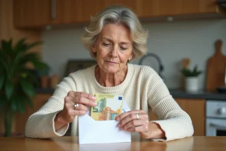 Femme glissant des billets d'euros dans une enveloppe cadeau à la maison, illustration d'un don d'argent familial