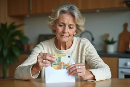 Femme glissant des billets d'euros dans une enveloppe cadeau à la maison, illustration d'un don d'argent familial