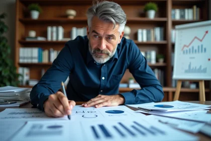 Économiste de l'INSEE analysant des prévisions d'inflation 2026 sur des graphiques statistiques imprimés dans un bureau