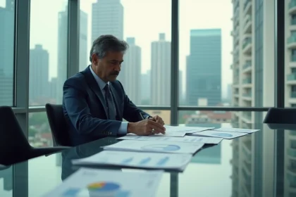 Économiste analysant des données sur la puissance économique des pays émergents en 2026 dans un bureau de Mumbai