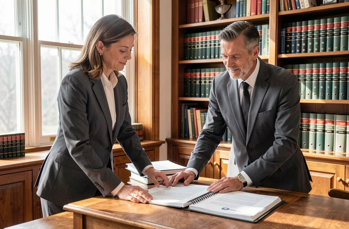 Elise Bourges et Joël Bourges, notaires associés, examinant un dossier dans leur étude